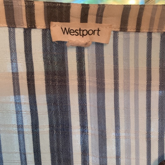 Blouse. 2X Rayon Blue/white striped. Button down, V-Neck with flouncy 3/4 sleeve - Picture 3 of 12